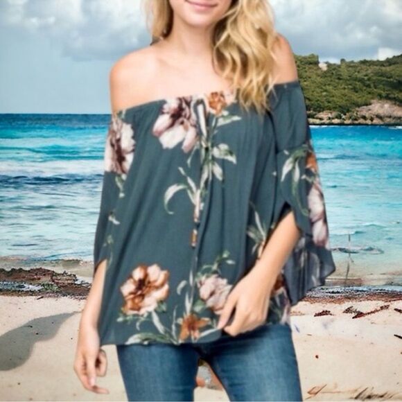 🍭 Boho inTu Green Floral Print Off The Shoulder Crop Top Size Small EUC - Picture 16 of 16